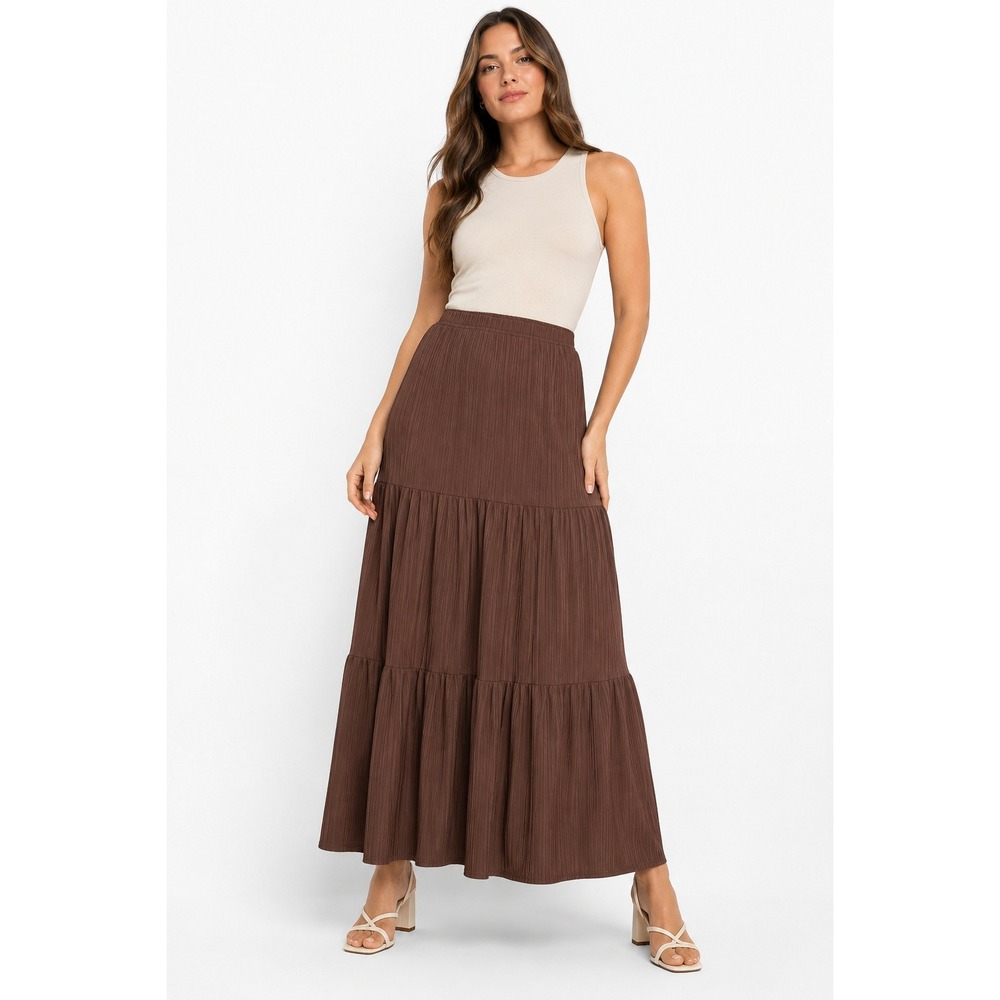 Long Tall Sally Brown Plisse Tiered Maxi Skirt US 6 UK 10 Tall NWT
